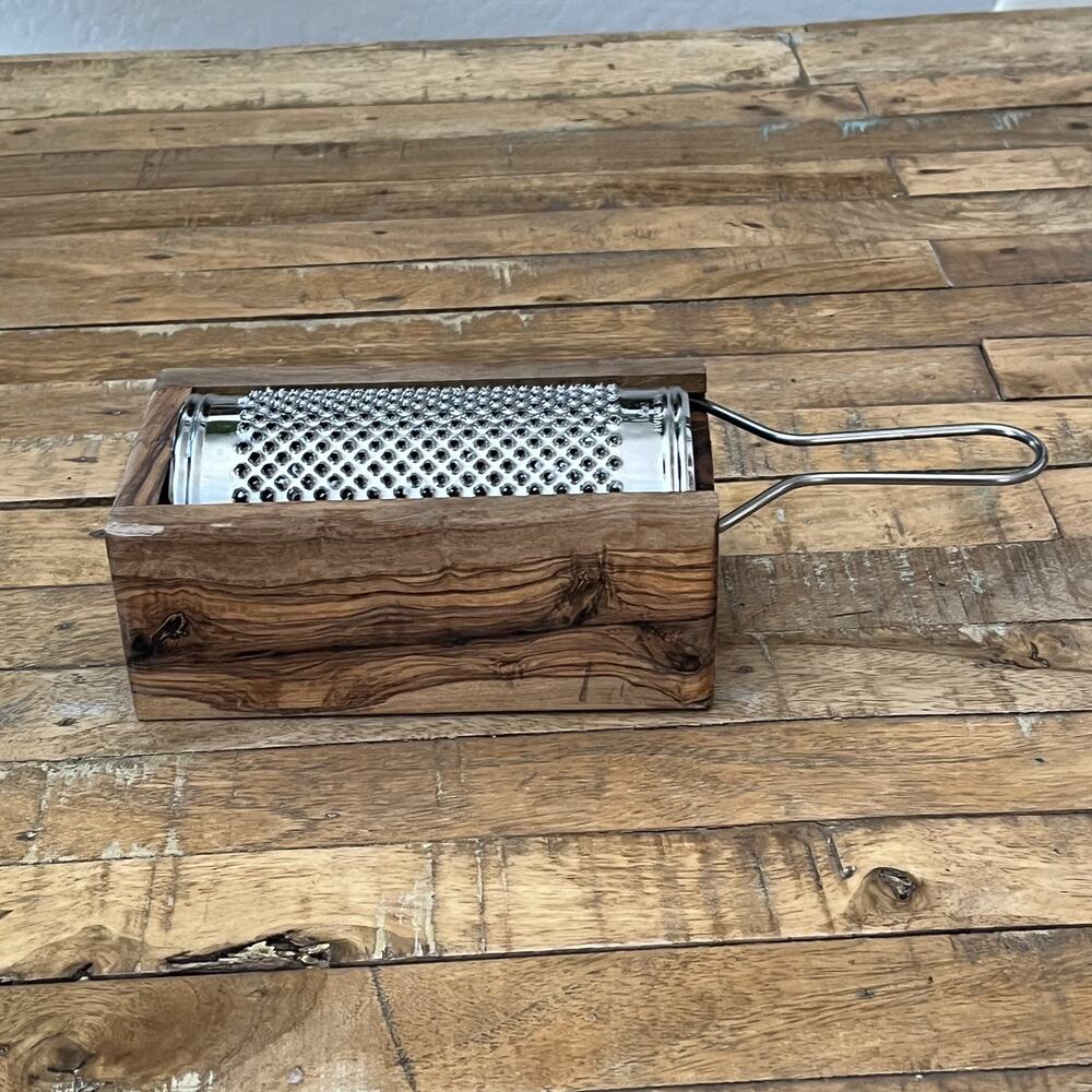 Inox Metal Cheese Grater Wood Parmesan Nutmeg Shredder Storage Box & Handle
